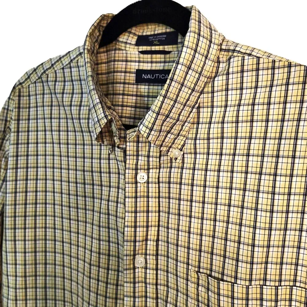NAUTICA 100% Cotton Yellow Plaid Men's XL Button-Down Long Sleeve Shirt